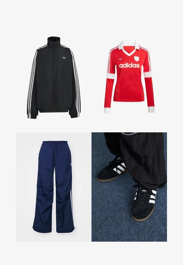 Čierna Adidas športová bunda s bielymi tromi pásikmi po celej dĺžke rukávov, so zipsom po celej prednej časti, elastickými manžetami a malým logom trefolo na hrudi.; Červený futbalový dres s dlhým rukávom a bielym golierom a manžetami. Na ramenách sú tri biele pruhy a výrazne zobrazené logo "adidas".; Tmavomodré, ľahké nohavice s elastickým pásom a sťahovacou šnúrkou, so svetlými bočnými pásmi a malým logom na prednej strane. Strih voľného strihu.; Čierne roháčiky z semišu so tromi bielymi pruhmi a čiernymi šnúrkami. Texturované čierne nohavice sú čiastočne viditeľné vedľa topánok.