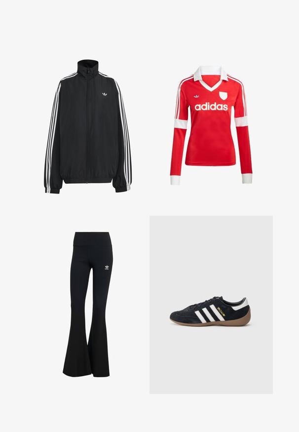 Čierna Adidas športová bunda s bielymi tromi pásikmi po celej dĺžke rukávov, so zipsom po celej prednej časti, elastickými manžetami a malým logom trefolo na hrudi.; Červený futbalový dres s dlhým rukávom a bielym golierom a manžetami. Na ramenách sú tri biele pruhy a výrazne zobrazené logo "adidas".; Čierne rebrované legíny s rozšírenými nohavicami a širokým pásom, s malým bielym logom Adidas na hornej ľavej strane. Mäkkučký textilný materiál.; Čierna semišová teniska s tromi bielymi pruhmi, gumovou podrážkou a malým zlatým logom na boku. Má hladkú čiernu vnútornú podšívku.
