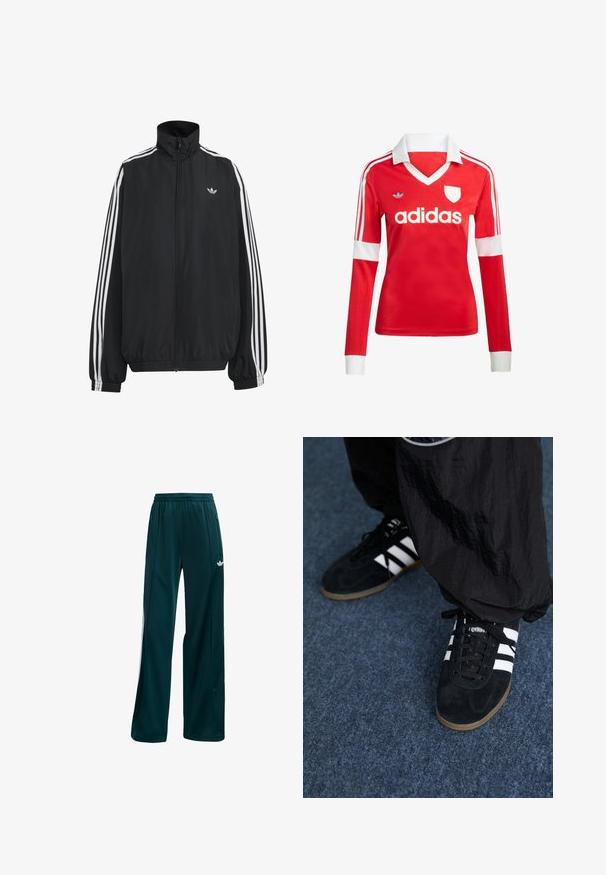 Must Adidas dressipluus valgete kolmekümnendate triipudega varrukatel, täispikk esilukk, elastsed varrukaservad ja väike trefoil logo rinnal.; Punane pikade varrukatega jalgpallipluus valge krae ja varrukateotstega. Omab kolme valget triipu õlgadel ja väljapaistvat "adidas" logo.; Tumedateal sportlikud püksid, mis on valmistatud kergest kangast, lihtsa disaini, elastse vöökoha ja valgete külgaksentidega.; Mustad nahast spordijalatsid kolme valge triibuga ja mustade kingapaeltega. Kingade kõrval on osaliselt nähtavad tekstureeritud mustad püksid.