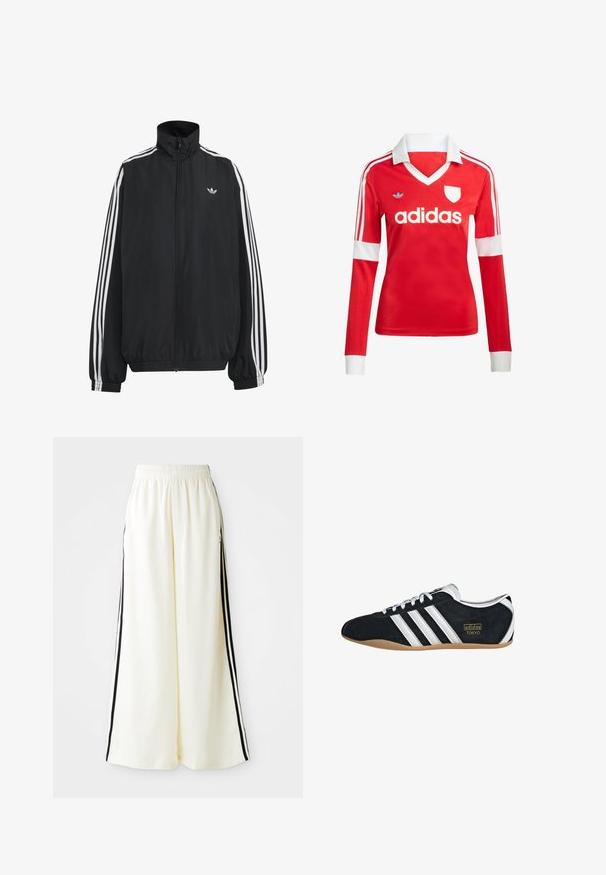 Čierna Adidas športová bunda s bielymi tromi pásikmi po celej dĺžke rukávov, so zipsom po celej prednej časti, elastickými manžetami a malým logom trefolo na hrudi.; Červený futbalový dres s dlhým rukávom a bielym golierom a manžetami. Na ramenách sú tri biele pruhy a výrazne zobrazené logo "adidas".; Biele široké nohavice s elastickým pásom a čiernymi vertikálnymi pruhmi pozdĺž vonkajších švov.; Čierne semišové tenisky s bielymi tromi pruhmi, zlatým logom a hnedou gumovou podrážkou. Disponujú nízkym šnurovacím dizajnom.
