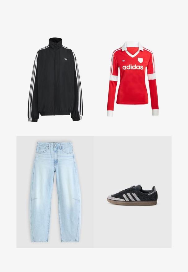 Veste de survêtement Adidas noire avec trois bandes blanches le long des manches, fermeture éclair frontale complète, poignets élastiques et petit logo trèfle sur la poitrine.; Maillot de football à manches longues rouge avec un col et des poignets blancs. Présente trois rayures blanches sur les épaules et le logo "adidas" affiché en évidence.; Jean en denim bleu clair avec une coupe décontractée, doté d'une taille haute, d'un design à cinq poches et d'une légère décoloration avec des détails d'ourlet effilochés.; Baskets noires avec des accents argentés étincelants et trois bandes blanches. Comprend un design bas, une tige texturée et une semelle en caoutchouc marron.