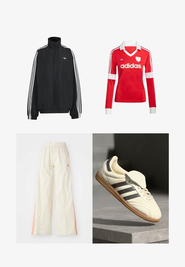 Must Adidas dressipluus valgete kolmekümnendate triipudega varrukatel, täispikk esilukk, elastsed varrukaservad ja väike trefoil logo rinnal.; Punane pikade varrukatega jalgpallipluus valge krae ja varrukateotstega. Omab kolme valget triipu õlgadel ja väljapaistvat "adidas" logo.; Kreemjas värvi laiade jalgadega püksid, millel on elastne vöökoht, oranžid küljeribad ja väike oranž logo ees.; Kreem värvi nahast tennisetossid, millel on kolm tumedat triipu, pruun kummi tald ja ümardatud varvas. Omab volditavat keelt, millel on sildil "SAMBA."