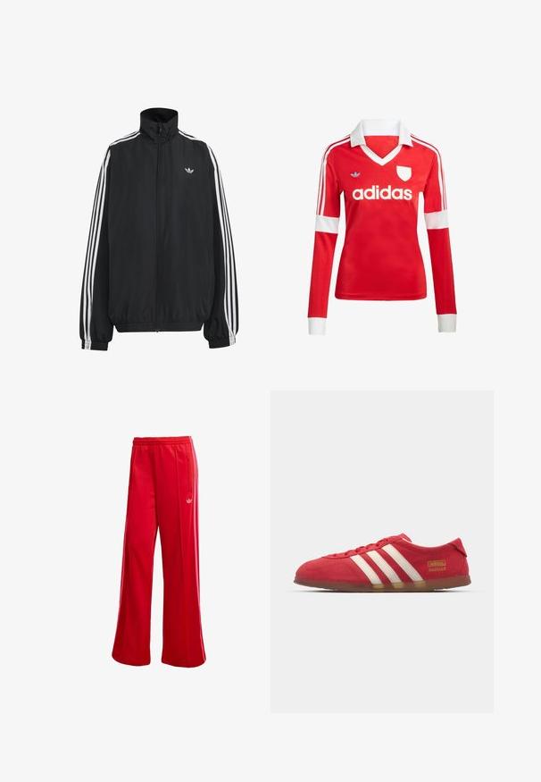Must Adidas dressipluus valgete kolmekümnendate triipudega varrukatel, täispikk esilukk, elastsed varrukaservad ja väike trefoil logo rinnal.; Punane pikade varrukatega jalgpallipluus valge krae ja varrukateotstega. Omab kolme valget triipu õlgadel ja väljapaistvat "adidas" logo.; Punased spordipüksid laia jalaosaga, elastse vöökoha ja külgmise tõmblukuga taskuga. Vasakul küljel on väike valge logo. Siledat tekstuuri.; Punane siidise nahast toss, millel on valge kolme riba disain, lame tall ja kuldne logo detail. Madala lõikega disain, ümar varvas ja paeltega sulgemine.