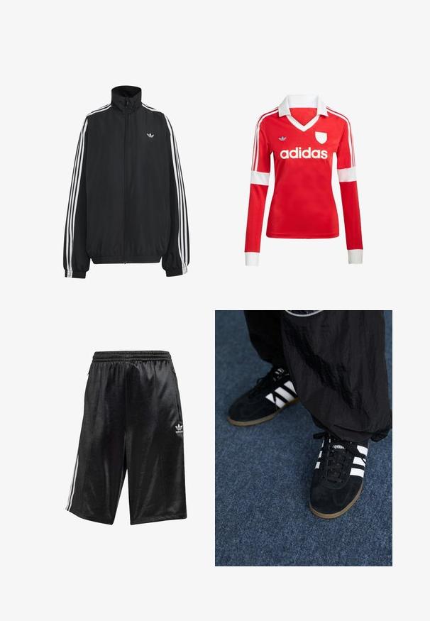 Must Adidas dressipluus valgete kolmekümnendate triipudega varrukatel, täispikk esilukk, elastsed varrukaservad ja väike trefoil logo rinnal.; Punane pikade varrukatega jalgpallipluus valge krae ja varrukateotstega. Omab kolme valget triipu õlgadel ja väljapaistvat "adidas" logo.; Mustad mustad spordilühikesed püksid, mis on valmistatud siledast kangast, omades paelaga vöökohta, küljetaskut ja kolme valget triipu külgedel.; Mustad nahast spordijalatsid kolme valge triibuga ja mustade kingapaeltega. Kingade kõrval on osaliselt nähtavad tekstureeritud mustad püksid.
