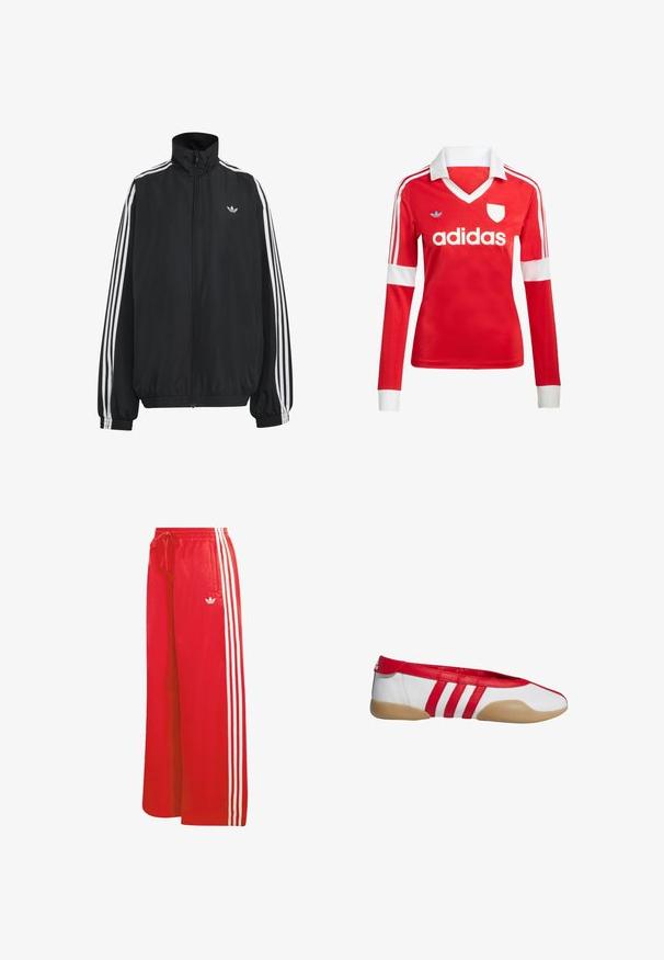 Μαύρο αθλητικό μπουφάν Adidas με λευκές τρεις ρίγες κατά μήκος των μανικιών, πλήρες φερμουάρ μπροστά, ελαστικά μανσέτες και μικρό λογότυπο trefoil στο στήθος.; Κόκκινη ποδοσφαιρική φανέλα με μακριά μανίκια, λευκό γιακά και μανσέτες. Διαθέτει τρεις λευκές ρίγες στους ώμους και το λογότυπο "adidas" εμφανώς τοποθετημένο.; Κόκκινο αθλητικό παντελόνι από ελαφρύ υλικό, με φαρδιά γραμμή, ελαστική μέση, κορδόνι και τρεις λευκές ρίγες σε κάθε πλευρά.; Κόκκινο και άσπρο επίπεδο παπούτσι με στρογγυλεμένη μύτη, κατασκευασμένο από λείο συνθετικό υλικό. Διαθέτει τρεις κόκκινες ρίγες και σόλα από καφέ καουτσούκ.