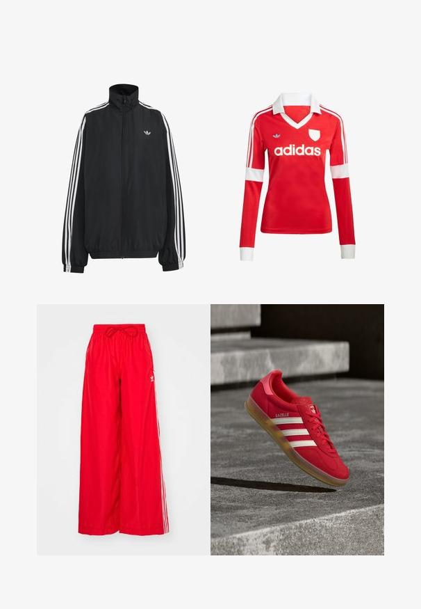 Čierna Adidas športová bunda s bielymi tromi pásikmi po celej dĺžke rukávov, so zipsom po celej prednej časti, elastickými manžetami a malým logom trefolo na hrudi.; Červený futbalový dres s dlhým rukávom a bielym golierom a manžetami. Na ramenách sú tri biele pruhy a výrazne zobrazené logo "adidas".; Červené široké nohavice vyrobené z ľahkého materiálu, s bielymi bočnými prúžkami a elastickým pásom so šnúrkou.; Červená semišová teniska s bielymi pruhmi, plochou gumovou podrážkou a textúrovaným pätkom. Na boku má logo "Gazelle" a zaoblený tvar špičky.