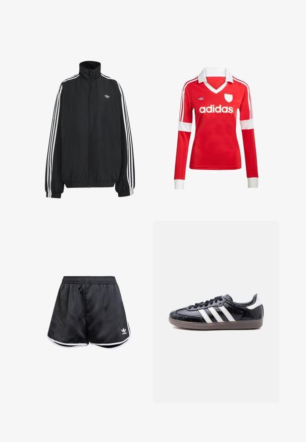 Čierna Adidas športová bunda s bielymi tromi pásikmi po celej dĺžke rukávov, so zipsom po celej prednej časti, elastickými manžetami a malým logom trefolo na hrudi.; Červený futbalový dres s dlhým rukávom a bielym golierom a manžetami. Na ramenách sú tri biele pruhy a výrazne zobrazené logo "adidas".; Čierne atletické šortky vyrobené z hladkého syntetického materiálu, s bielymi bočnými akcentmi a vyšitým logom v spodnom ľavom rohu.; Nízky čierny teniska s textúrou pripomínajúcou hadiu kožu, bielymi pruhmi na boku, čiernymi šnúrkami a priehľadnou hnedou podrážkou.