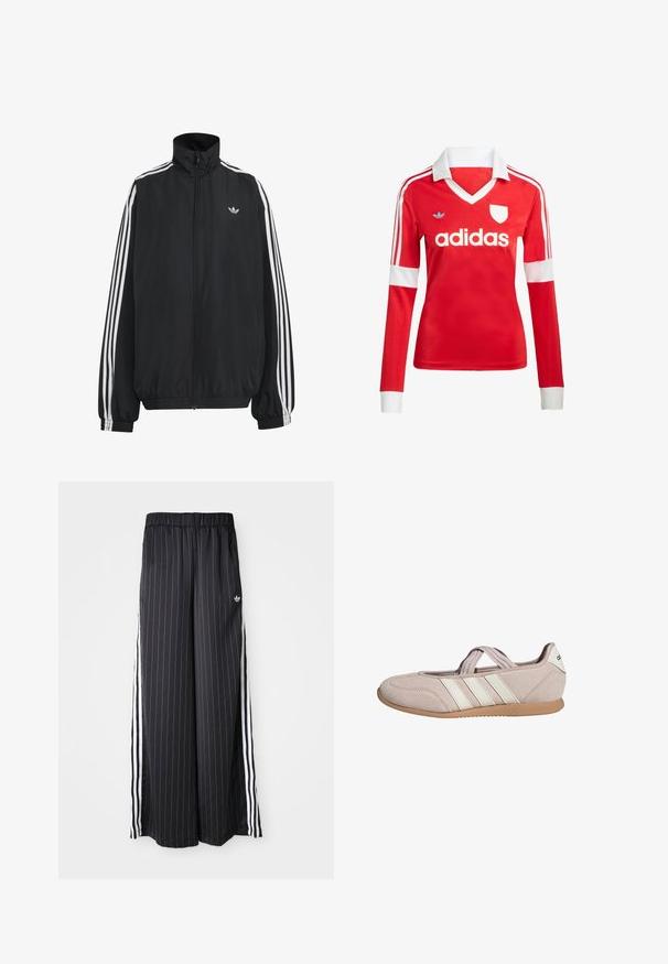 Schwarze Adidas Trainingsjacke mit weißen drei Streifen entlang der Ärmel, durchgehendem Frontreißverschluss, elastischen Bündchen und kleinem Trefoil-Logo auf der Brust.; Rotes Fußballtrikot mit langen Ärmeln, weißem Kragen und weißen Ärmelbündchen. Es hat drei weiße Streifen auf den Schultern und das "adidas"-Logo ist auffällig platziert.; Schwarzfarbene, weit geschnittene Hosen mit vertikalen weißen Streifen, elastischem Bund und drei weißen Streifen an der Seite. Adidas-Logo auf der Vorderseite.; Hellrosa Veloursleder-Flachschuh mit elastischem Riemen, weißen Adidas-Streifen an der Seite und gummierter Sohle.