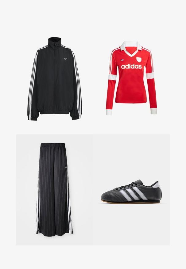 Čierna Adidas športová bunda s bielymi tromi pásikmi po celej dĺžke rukávov, so zipsom po celej prednej časti, elastickými manžetami a malým logom trefolo na hrudi.; Červený futbalový dres s dlhým rukávom a bielym golierom a manžetami. Na ramenách sú tri biele pruhy a výrazne zobrazené logo "adidas".; Čierne široké nohavice s vertikálnymi bielymi pruhmi, elastický pás a tri biele pruhy po stranách. Logo Adidas vpredu.; Čierne kožené športové topánky s bielymi pruhmi, okrúly špička, plochá podrážka a šnurovanie. Obsahujú perforácie pre lepšiu priedušnosť.