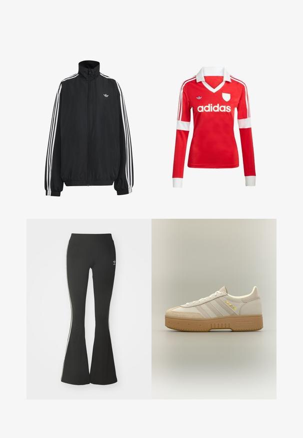 Schwarze Adidas Trainingsjacke mit weißen drei Streifen entlang der Ärmel, durchgehendem Frontreißverschluss, elastischen Bündchen und kleinem Trefoil-Logo auf der Brust.; Rotes Fußballtrikot mit langen Ärmeln, weißem Kragen und weißen Ärmelbündchen. Es hat drei weiße Streifen auf den Schultern und das "adidas"-Logo ist auffällig platziert.; Schwarze ausgestellte Leggings aus Stretchmaterial mit hohem Bund und weißen Seitenstreifen. Inklusive kleinem Logo am Bund.; Cremefarbener und beiger Adidas-Sneaker mit Gummisohle, drei Streifen an der Seite und "SPECIAL" in Goldschrift nahe den Schnürsenkeln.