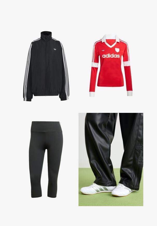 Čierna Adidas športová bunda s bielymi tromi pásikmi po celej dĺžke rukávov, so zipsom po celej prednej časti, elastickými manžetami a malým logom trefolo na hrudi.; Červený futbalový dres s dlhým rukávom a bielym golierom a manžetami. Na ramenách sú tri biele pruhy a výrazne zobrazené logo "adidas".; Čierne kapri legíny vyrobené z elastického materiálu, s širokým pásom a bielymi bočnými pruhmi pre kontrast a detail.; Čierne nohavice z umelej kože s voľným strihom, s hladkým povrchom a bočnými pruhmi. V páre s bielymi teniskami so striebornými detailmi.