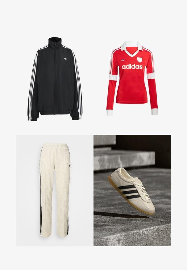 Sort Adidas træningsjakke med hvide tre striber langs ærmerne, fuld lynlås foran, elastiske manchetter og lille trefoil-logo på brystet.; Rød langærmet fodboldtrøje med hvid krave og manchetter. Har tre hvide striber på skuldrene og "adidas" logoet fremtrædende vist.; Cremefarvede joggers med et struktureret, slangeskindsmønster. Har sorte sidelister og en elastisk talje. Sort logoaccent på låret.; Hvid sneaker med sorte striber og gummisål svæver over betontrapper i blødt dagslys.