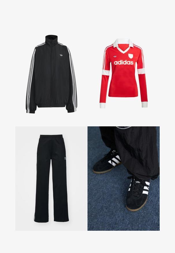 Sort Adidas træningsjakke med hvide tre striber langs ærmerne, fuld lynlås foran, elastiske manchetter og lille trefoil-logo på brystet.; Rød langærmet fodboldtrøje med hvid krave og manchetter. Har tre hvide striber på skuldrene og "adidas" logoet fremtrædende vist.; Sorte træningsbukser med en afslappet pasform, snoretræk i taljen, sidelommer med lynlås og diskret hvid branding på venstre ben.; Sorte suedetrainingssko med tre hvide striber og sorte snørebånd. Et tekstureret sort bukser er delvist synligt ved siden af skoene.