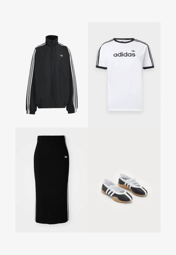 Must Adidas dressipluus valgete kolmekümnendate triipudega varrukatel, täispikk esilukk, elastsed varrukaservad ja väike trefoil logo rinnal.; Valge puuvillane T-särk mustade detailidega, millel on ümara kaelusega, lühikesed varrukad, kolm musta triipu õlgadel ja must "adidas" logo.; Must have ribidega midi seelik, millel on hästi liibuv disain, valgete külgtriipude ja väikese valge embleemiga vasakul küljel.; Mustvalged spordijalatsid, millel on sile disain, kummist tald, paeltest kinni tõmmatav sulgur ja kolm valget triipu külgedel.