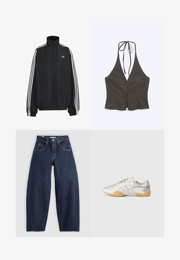 Schwarze Adidas Trainingsjacke mit weißen drei Streifen entlang der Ärmel, durchgehendem Frontreißverschluss, elastischen Bündchen und kleinem Trefoil-Logo auf der Brust.; Ärmelloses dunkelgraues Neckholder-Top mit tiefem V-Ausschnitt, Haken- und Ösenverschluss vorne und Bindebändern am Hals.; Dunkelblaue Denim-Jeans mit lockerer Passform, heller Naht, fünf Taschen und einem Knopfverschluss am Bund.; Silberner Sportschuh mit glattem Lederobermaterial, Gummisohle und strukturierten Akzenten. Verfügt über ein geschwungenes Design und tonale Schnürsenkel.