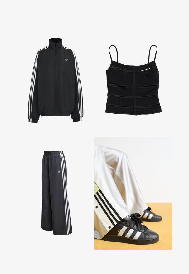 Čierna Adidas športová bunda s bielymi tromi pásikmi po celej dĺžke rukávov, so zipsom po celej prednej časti, elastickými manžetami a malým logom trefolo na hrudi.; Čierny priliehavý krátky top s tenkými ramienkami a horizontálnymi švami na tkanine.; Čierne športové nohavice z ľahkého materiálu, s tromi bielymi vertikálnymi pruhmi a elastickým pásom so sťahovacou šnúrkou.; Čierne tenisky Adidas Campus so zlatými pruhmi a čiernymi šnúrkami, spárované s bielymi teplákmi so čiernymi pruhmi a logom.