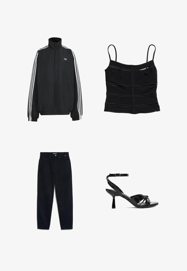 Zwarte Adidas trainingsjas met witte drie strepen langs de mouwen, een rits over de hele voorkant, elastische manchetten en een klein trefoil-logo op de borst.; Zwart aansluitend cropped topje met dunne schouderbandjes en horizontale naaddetails over de stof.; Zwarte denim jeans met een rechte pijp, vijf zakken en een knoopsluiting. De stof heeft een gladde textuur en minimale zichtbare stiksels.; Zwarte lakleren hoge hak sandaal met enkelriem, geknoopte voorzijde en open teen ontwerp.