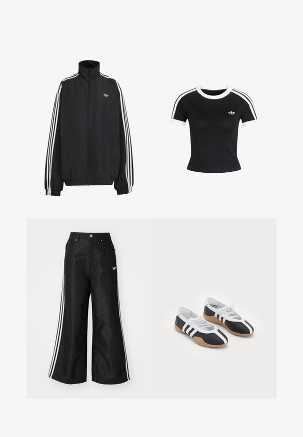 Zwarte Adidas trainingsjas met witte drie strepen langs de mouwen, een rits over de hele voorkant, elastische manchetten en een klein trefoil-logo op de borst.; Zwarte gebreide top met korte mouwen, witte ronde hals, mouwboorden en dubbele witte strepen op de schouders, met een klein Adidas trefoil-logo op de borst.; Zwarte denim broek met wijde pijpen, voorzien van drie witte strepen aan elke zijkant en een klein wit logo. Heeft voorzakken en een knoopsluiting.; Zwart-witte sport schoenen met een slank ontwerp, rubberen zool, vetersluiting en drie witte strepen aan de zijkanten.