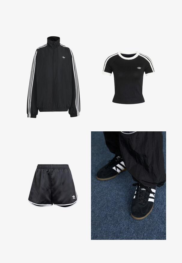 Zwarte Adidas trainingsjas met witte drie strepen langs de mouwen, een rits over de hele voorkant, elastische manchetten en een klein trefoil-logo op de borst.; Zwarte gebreide top met korte mouwen, witte ronde hals, mouwboorden en dubbele witte strepen op de schouders, met een klein Adidas trefoil-logo op de borst.; Zwarte sportshorts van glad synthetisch materiaal, met witte zijaccenten en een geborduurd logo op de linkerbenedenhoek.; Zwarte suède sportschoenen met drie witte strepen en zwarte veters. Een gestructureerde zwarte broek is deels zichtbaar naast de schoenen.