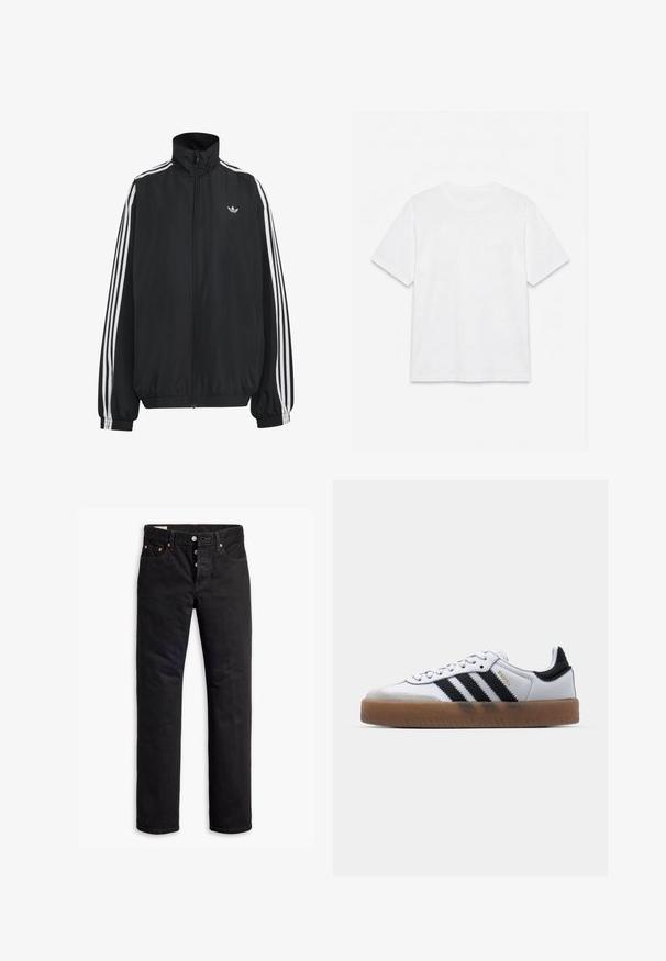Zwarte Adidas trainingsjas met witte drie strepen langs de mouwen, een rits over de hele voorkant, elastische manchetten en een klein trefoil-logo op de borst.; Effend wit T-shirt met korte mouwen en ronde hals, plat gelegd op een witte achtergrond.; Zwarte denim jeans met een rechte snit, vijf-pocket ontwerp en een knoopsluiting. Beschikt over koperen klinknagels en stikselaccenten.; Witte leren sneakers met zwarte strepen, gumrubberen buitenzool, ronde neus, vetersluiting en een zachte grijze suède neuskap.