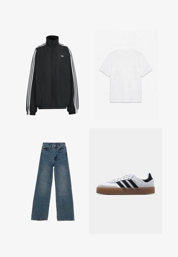 Chaqueta deportiva negra de Adidas con tres franjas blancas a lo largo de las mangas, cremallera frontal completa, puños elásticos y pequeño logo de trébol en el pecho.; Camiseta blanca lisa de manga corta con cuello redondo, colocada plana sobre un fondo blanco.; Jeans de mezclilla azul de pierna ancha con cintura alta, cinco bolsillos y costuras en contraste. Desvanecimientos y ligerasImperfecciones visibles en la tela.; Zapatillas de cuero blancas con rayas negras, suela de goma, puntera redonda, cierre de cordones y caperuza de ante gris suave.