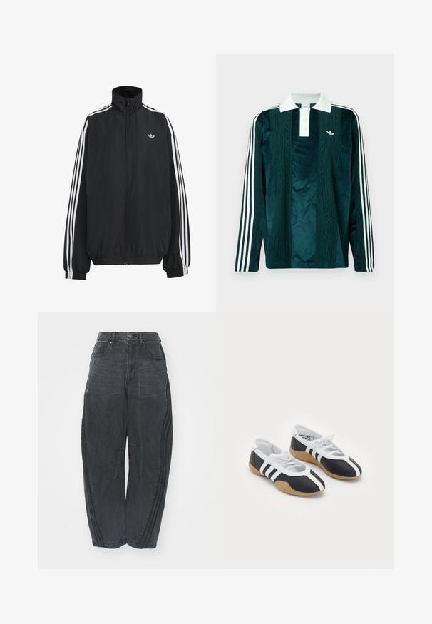 Must Adidas dressipluus valgete kolmekümnendate triipudega varrukatel, täispikk esilukk, elastsed varrukaservad ja väike trefoil logo rinnal.; Tumedat varrukad polo tumerohelisest sametist valgete aktsentidega. Omab kolme nupuga kinnitust, brodüüritud logo ja kolme valget triipu varrukatel.; Kottide mustad teksad, millel on kulutatud viimistlus, viis taskut, vöökoht nööbiga kinnitamine ja õmmeldud detailid ees ja külgedel.; Mustvalged spordijalatsid, millel on sile disain, kummist tald, paeltest kinni tõmmatav sulgur ja kolm valget triipu külgedel.