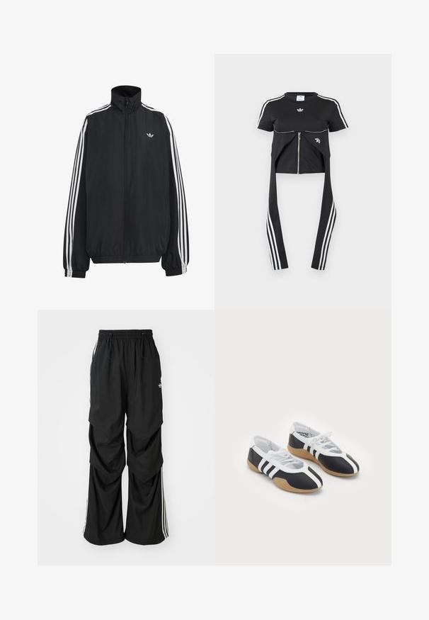 Μαύρο αθλητικό μπουφάν Adidas με λευκές τρεις ρίγες κατά μήκος των μανικιών, πλήρες φερμουάρ μπροστά, ελαστικά μανσέτες και μικρό λογότυπο trefoil στο στήθος.; Μαύρο τοπ με κοντά μανίκια, λευκές ρίγες Adidas στα μανίκια, φερμουάρ μπροστά και επιπλέον υφασμάτινα πάνελ που κρέμονται με τρεις λευκές ρίγες.; Μαύροι φαρτοί παντελόνες με ελαστική μέση, κορδόνι και λευκές ρίγες στο πλάι; φτιαγμένοι από ελαφρύ ύφασμα με λεία υφή.; Μαύρα και άσπρα αθλητικά παπούτσια με κομψό σχέδιο, ελαστική σόλα, κλείσιμο με κορδόνια και τρεις άσπρες ρίγες στα πλάγια.