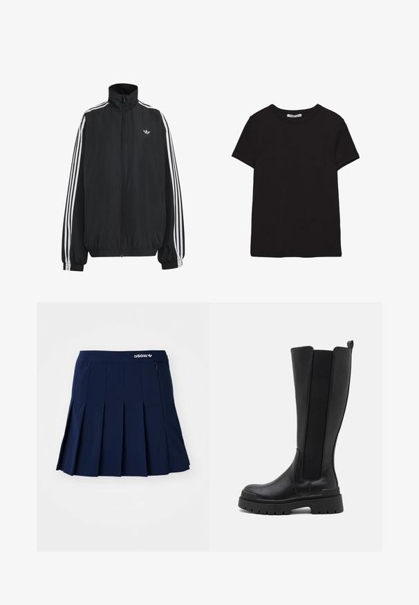 Sort Adidas træningsjakke med hvide tre striber langs ærmerne, fuld lynlås foran, elastiske manchetter og lille trefoil-logo på brystet.; Sort kortærmet t-shirt i bomuld med rund halsudskæring, standard pasform og synlig indvendig halsmærkat.; Marineblå plisseret nederdel lavet af letvægtsstof; har en elastisk talje og en lille lynlås-lomme, med et hvidt Adidas-logo på forsiden.; Even&Odd by Zalando Plateaustøvler - black