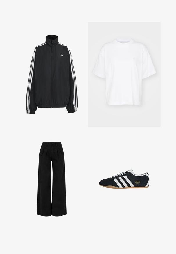 Sort Adidas træningsjakke med hvide tre striber langs ærmerne, fuld lynlås foran, elastiske manchetter og lille trefoil-logo på brystet.; Hvid bomulds t-shirt med rund hals, korte ærmer og en afslappet pasform. Har et diskret logo på venstre brystområde. Glat tekstur.; Sorte bukser med høj talje og vide ben med forreste plisseringer, knaplukning og bæltestropper, vist mod en hvid baggrund.; Sort ruskinds sneaker med hvide tre striber, guldlogo og en brun gummisål. Har et lavprofil snørebåndsdesign.