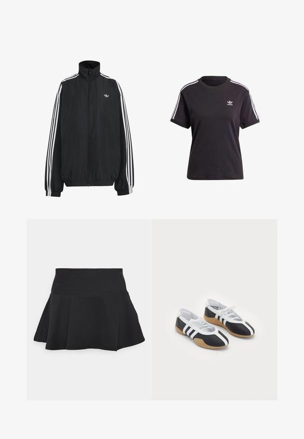 Čierna Adidas športová bunda s bielymi tromi pásikmi po celej dĺžke rukávov, so zipsom po celej prednej časti, elastickými manžetami a malým logom trefolo na hrudi.; Čierne bavlnené tričko s krátkym rukávom a okrúhlym výstrihom, s bielymi pruhmi na ramienkach a malým bielym logom Adidas na hrudi.; adidas Sportswear SKIRT - Športová sukňa - black; Čierne a biele športové topánky s elegantným dizajnom, gumovou podrážkou, šnurovaním a tromi bielymi prúžkami na bokoch.