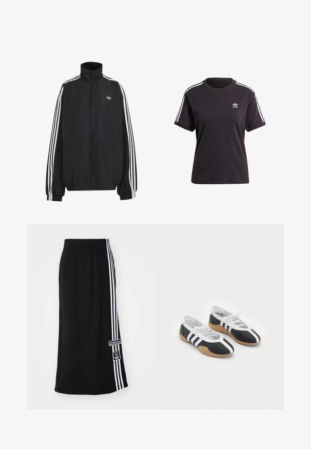 Schwarze Adidas Trainingsjacke mit weißen drei Streifen entlang der Ärmel, durchgehendem Frontreißverschluss, elastischen Bündchen und kleinem Trefoil-Logo auf der Brust.; Schwarzes Baumwoll-T-Shirt mit kurzen Ärmeln und Rundhalsausschnitt, mit weißen Streifen auf den Schultern und einem kleinen weißen Adidas-Logo auf der Brust.; Schwarzer Sportrock mit elastischem Bund, der an einer Seite drei weiße Streifen und ein Adidas-Logo-Patch aufweist. Glatte Stoffoberfläche.; Schwarz-weiße Sportschuhe mit einem eleganten Design, Gummisohle, Schnürverschluss und drei weißen Streifen an den Seiten.