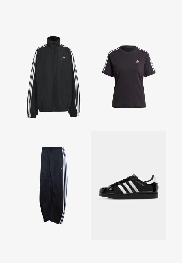 Schwarze Adidas Trainingsjacke mit weißen drei Streifen entlang der Ärmel, durchgehendem Frontreißverschluss, elastischen Bündchen und kleinem Trefoil-Logo auf der Brust.; Schwarzes Baumwoll-T-Shirt mit kurzen Ärmeln und Rundhalsausschnitt, mit weißen Streifen auf den Schultern und einem kleinen weißen Adidas-Logo auf der Brust.; Schwarze Adidas Trainingshose mit elastischem Bund, weißen dreifachen Streifen an den Seiten, Reißverschlusstasche und Logo am linken Bein.; adidas Originals SUPERSTAR II - Sneaker low - core black/footwear white/gold metallic