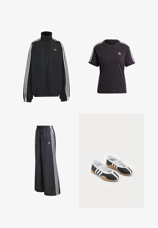 Sort Adidas træningsjakke med hvide tre striber langs ærmerne, fuld lynlås foran, elastiske manchetter og lille trefoil-logo på brystet.; Sort bomulds t-shirt med korte ærmer og rund hals, der har hvide striber på skuldrene og et lille hvidt Adidas-logo på brystet.; Sorte atletikbukser lavet af letvægtsmateriale, med tre hvide lodrette striber og en elastisk talje med snøre.; Sort-hvide sportsko med et slankt design, gummisål, snørebåndslukning og tre hvide striber på siden.