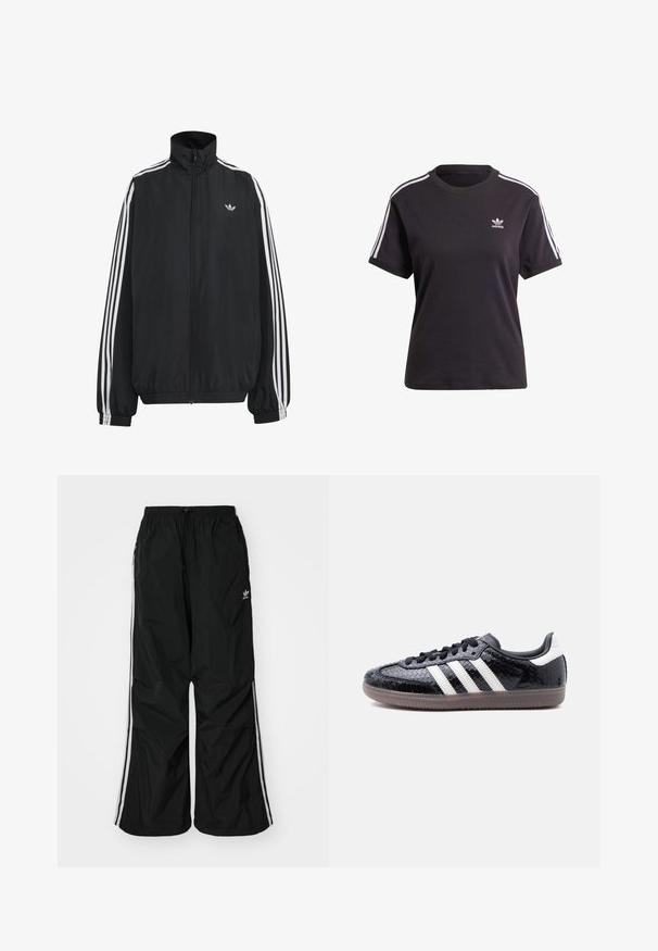 Čierna Adidas športová bunda s bielymi tromi pásikmi po celej dĺžke rukávov, so zipsom po celej prednej časti, elastickými manžetami a malým logom trefolo na hrudi.; Čierne bavlnené tričko s krátkym rukávom a okrúhlym výstrihom, s bielymi pruhmi na ramienkach a malým bielym logom Adidas na hrudi.; Čierne vetrovky nohavice s elastickým pásom, šnúrkou na stiahnutie, bielymi bočnými pruhmi, voľným strihom, s malým logom na ľavej strane.; Nízky čierny teniska s textúrou pripomínajúcou hadiu kožu, bielymi pruhmi na boku, čiernymi šnúrkami a priehľadnou hnedou podrážkou.