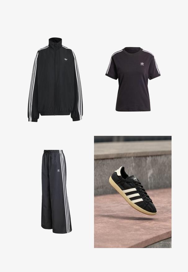Μαύρο αθλητικό μπουφάν Adidas με λευκές τρεις ρίγες κατά μήκος των μανικιών, πλήρες φερμουάρ μπροστά, ελαστικά μανσέτες και μικρό λογότυπο trefoil στο στήθος.; Μαύρο κοντομάνικο μπλουζάκι από βαμβάκι με στρογγυλή λαιμόκοψη, διαθέτοντας λευκές ρίγες στους ώμους και ένα μικρό λευκό λογότυπο Adidas στο στήθος.; Μαύρο αθλητικό παντελόνι από ελαφρύ υλικό, με τρεις λευκές κάθετες ρίγες και ελαστική μέση με κορδόνι.; Μαύρο αθλητικό παπούτσι Adidas με λευκές ρίγες και μπεζ σόλα, αιωρούμενο στον αέρα πάνω από πέτρινη επιφάνεια και φόντο πέτρινος τοίχος.