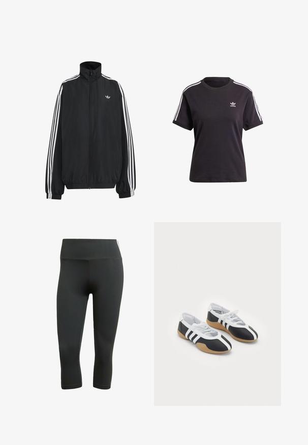 Čierna Adidas športová bunda s bielymi tromi pásikmi po celej dĺžke rukávov, so zipsom po celej prednej časti, elastickými manžetami a malým logom trefolo na hrudi.; Čierne bavlnené tričko s krátkym rukávom a okrúhlym výstrihom, s bielymi pruhmi na ramienkach a malým bielym logom Adidas na hrudi.; Čierne kapri legíny vyrobené z elastického materiálu, s širokým pásom a bielymi bočnými pruhmi pre kontrast a detail.; Čierne a biele športové topánky s elegantným dizajnom, gumovou podrážkou, šnurovaním a tromi bielymi prúžkami na bokoch.