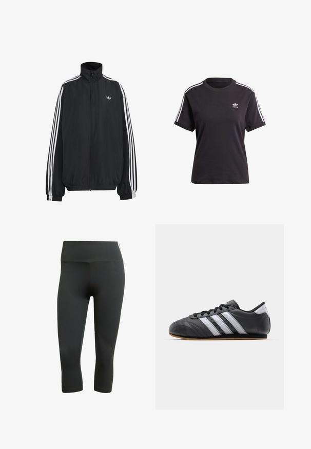 Μαύρο αθλητικό μπουφάν Adidas με λευκές τρεις ρίγες κατά μήκος των μανικιών, πλήρες φερμουάρ μπροστά, ελαστικά μανσέτες και μικρό λογότυπο trefoil στο στήθος.; Μαύρο κοντομάνικο μπλουζάκι από βαμβάκι με στρογγυλή λαιμόκοψη, διαθέτοντας λευκές ρίγες στους ώμους και ένα μικρό λευκό λογότυπο Adidas στο στήθος.; Μαύρο κολάν καπρί από ελαστικό υλικό, με φαρδύ λάστιχο στη μέση και λευκές ρίγες πλευρικά για αντίθεση και λεπτομέρεια.; Μαύρο αθλητικό παπούτσι από δέρμα με λευκές ρίγες, στρογγυλή μύτη, επίπεδη σόλα και κλείσιμο με κορδόνια. Διαθέτει περφορίσεις για καλύτερη αναπνοή.