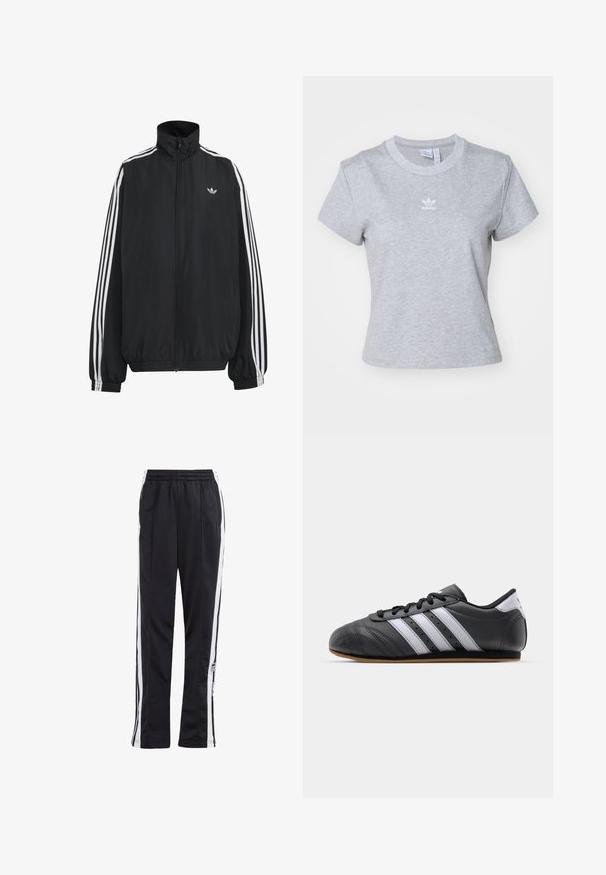 Čierna Adidas športová bunda s bielymi tromi pásikmi po celej dĺžke rukávov, so zipsom po celej prednej časti, elastickými manžetami a malým logom trefolo na hrudi.; adidas Originals ESS SLIM TEE - Základné tričko - medium grey heather; Čierne tepláky so bielymi bočnými pruhmi, elastickým pásom a logom. Vyrobené z hladkej, ľahkej tkaniny. Rovný strih.; Čierne kožené športové topánky s bielymi pruhmi, okrúly špička, plochá podrážka a šnurovanie. Obsahujú perforácie pre lepšiu priedušnosť.
