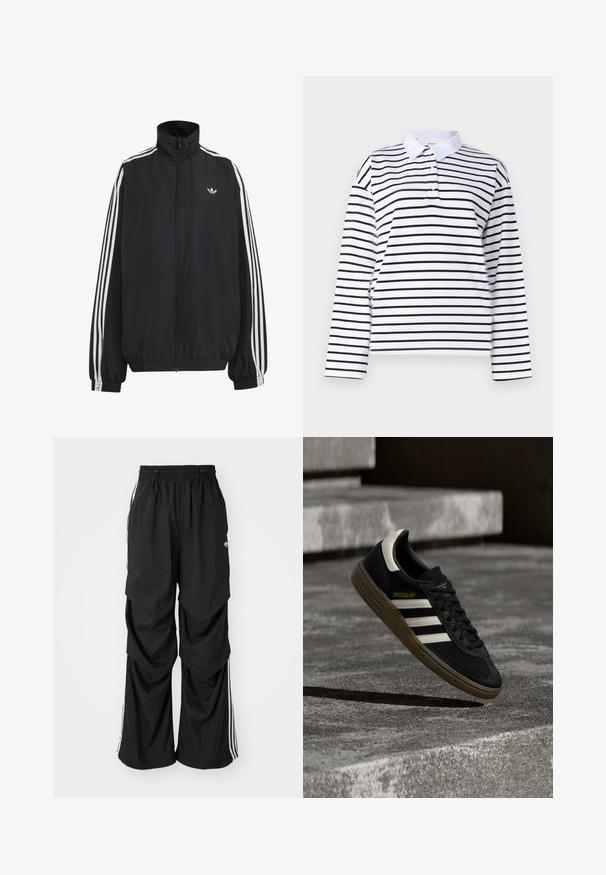 Schwarze Adidas Trainingsjacke mit weißen drei Streifen entlang der Ärmel, durchgehendem Frontreißverschluss, elastischen Bündchen und kleinem Trefoil-Logo auf der Brust.; Weißes Langarm-Polo-Shirt mit horizontalen schwarzen Streifen, klassischem Kragen und Zwei-Knopf-Leiste. Aus glattem Baumwollmaterial.; Schwarz weite Hosen mit elastischem Bund, Kordelzug und weißen Seitenstreifen; aus leichtem Stoff mit glatter Textur.; Schwarzer Adidas-Sneaker mit weißen Streifen und Gummisohle schwebt über grauen Betonstufen im natürlichen Licht.