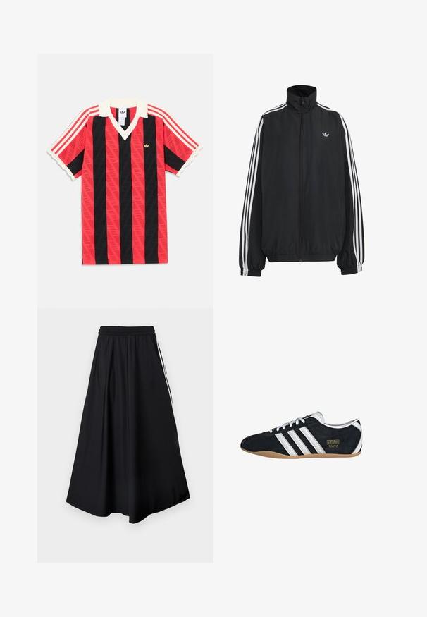 Μαύρο αθλητικό μπουφάν Adidas με λευκές τρεις ρίγες κατά μήκος των μανικιών, πλήρες φερμουάρ μπροστά, ελαστικά μανσέτες και μικρό λογότυπο trefoil στο στήθος.; Κόκκινο και μαύρο πουκάμισο με κάθετες ρίγες και κοντά μανίκια, με λευκό γιακά και μανσέτες, που φέρει μικρό χρυσό λογότυπο Adidas και κόκκινες ρίγες στα μανίκια.; Μαύρο παντελόνι με φαρδιά ποδιά, ελαστική μέση και λευκές πλαϊνές ρίγες, εμφανίζεται σε απλό λευκό φόντο.; Μαύρο σουέτ αθλητικό παπούτσι με λευκές τρεις λωρίδες, χρυσό λογότυπο και καφέ καουτσούκ σόλα. Διαθέτει χαμηλού προφίλ σχέδιο με κορδόνια.