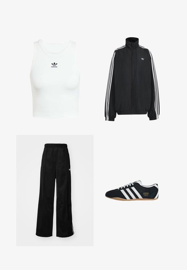 Chaqueta deportiva negra de Adidas con tres franjas blancas a lo largo de las mangas, cremallera frontal completa, puños elásticos y pequeño logo de trébol en el pecho.; Camiseta sin mangas de algodón blanca con una textura de canalé ajustada, escote redondo y logo de Adidas bordado en negro en la parte frontal.; Pantalones de chándal negros de pierna ancha con cinturilla elástica, que cuentan con rayas laterales blancas y un pequeño logo en la cadera izquierda. Textura de tela suave.; Zapatillas de ante negro con tres franjas blancas, logotipo dorado y suela de goma marrón. Presentan un diseño de cordones de perfil bajo.