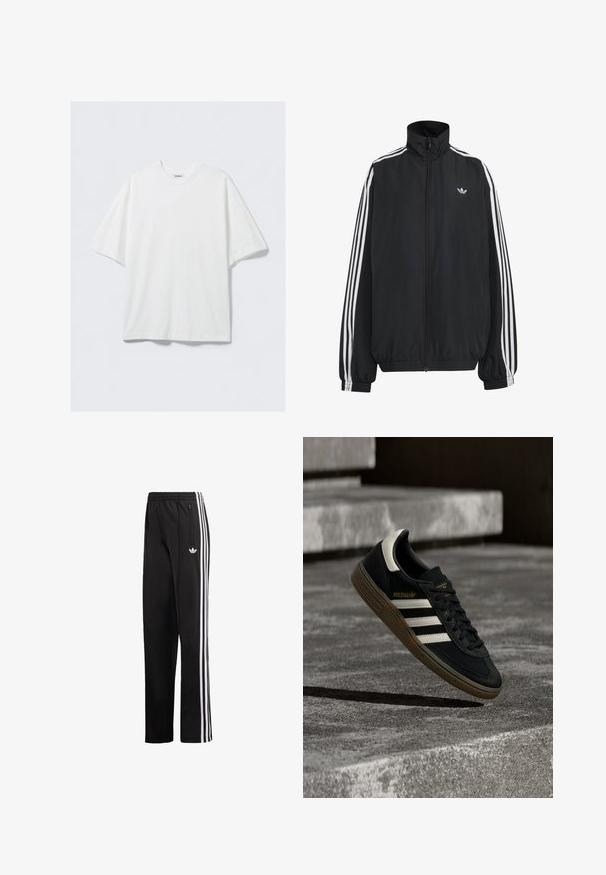 Μαύρο αθλητικό μπουφάν Adidas με λευκές τρεις ρίγες κατά μήκος των μανικιών, πλήρες φερμουάρ μπροστά, ελαστικά μανσέτες και μικρό λογότυπο trefoil στο στήθος.; Λευκό ευρύχωρο βαμβακερό μπλουζάκι με κοντά μανίκια και στρογγυλή λαιμόκοψη, με μια μικρή ετικέτα του brand στο εσωτερικό του γιακά.; Μαύρο παντελόνι φόρμας από λείο ύφασμα, με λευκές κάθετες ρίγες στα πλαϊνά και μικρό λογότυπο στο αριστερό ισχίο.; Μαύρο αθλητικό παπούτσι Adidas με λευκές ρίγες και καφέ σόλα που αιωρείται πάνω από γκρίζα σκυρόδεμα σκαλοπάτια σε φυσικό φως.