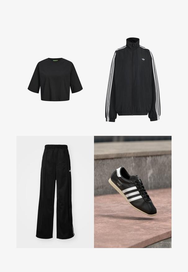 Must Adidas dressipluus valgete kolmekümnendate triipudega varrukatel, täispikk esilukk, elastsed varrukaservad ja väike trefoil logo rinnal.; Must musta lühike T-särk ümmarguse kaelusega, lühikeste varrukatega ja roheline silt kaeluse juures. Sile ja pehme tekstuur.; Mustad laiad spordipüksid elastse vöökohtaga, millel on valged külgtriibud ja väike logo vasakul puusal. Sile kangateksam.; Must nahast vabaajajalats valgete triipude ja tallaga, paeltega kinnitatud, hõljumas roosaka tooniga betoonpinna kohal, taustal hall kivisein.