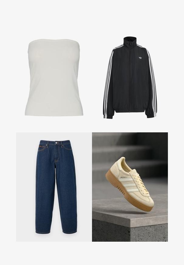 Μαύρο αθλητικό μπουφάν Adidas με λευκές τρεις ρίγες κατά μήκος των μανικιών, πλήρες φερμουάρ μπροστά, ελαστικά μανσέτες και μικρό λογότυπο trefoil στο στήθος.; Γυμνός τοπ από ανοιχτό μπεζ ύφασμα, εφαρμοστό σχέδιο με λεία υφή, χωρίς ραφές και χωρίς ορατά μοτίβα ή υλικά λεπτομέρειες.; Σκούρο μπλε τζιν παντελόνι ίσιας γραμμής με πέντε τσέπες, κούμπωμα με κουμπί και πορτοκαλί ραφές σε απλό φόντο.; Μπεζ σουέτ αθλητικό παπούτσι με σόλα από καουτσούκ, λευκές ρίγες και λογότυπο "SPEZIAL", αιωρούμενο πάνω από μια γκρι σκάλωτη επιφάνεια από σκυρόδεμα.