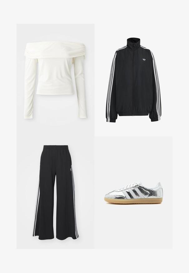 Sort Adidas træningsjakke med hvide tre striber langs ærmerne, fuld lynlås foran, elastiske manchetter og lille trefoil-logo på brystet.; Off-shoulder langærmet top i crème hvid, lavet af glat stof med en tætsiddende silhuet og samlet detalje ved udskæringen.; Sorte bukser med vide ben og elastik i taljen, med tre hvide striber langs ydersiderne og et lille logo foran.; Lav top sneaker med sølvmetalisk slangeskind tekstur, hvide striber, hvide snørebånd og lys gummisål på hvid baggrund.