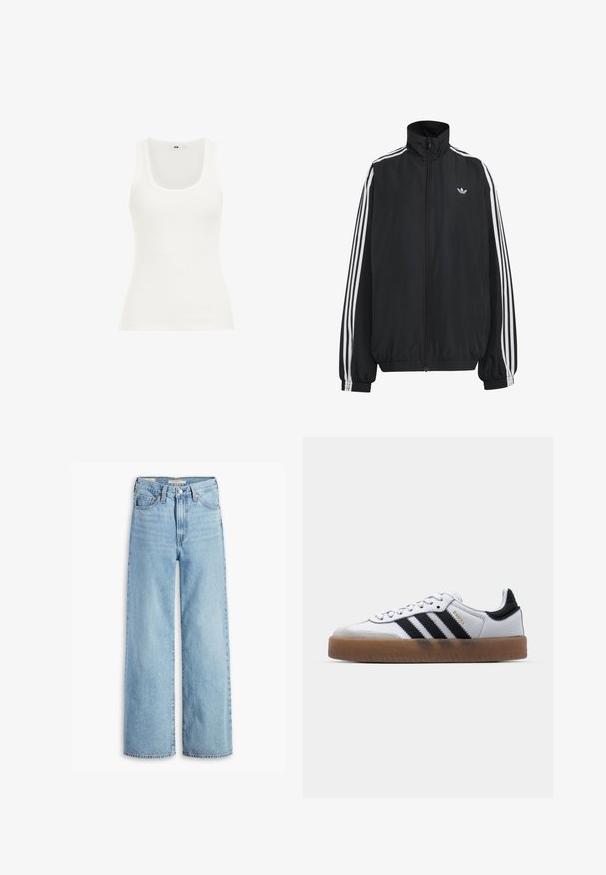 Chaqueta deportiva negra de Adidas con tres franjas blancas a lo largo de las mangas, cremallera frontal completa, puños elásticos y pequeño logo de trébol en el pecho.; Top de tank blanco de canalé con escote redondeado y tirantes anchos. La tela parece elástica y ajustada, adecuada para superponer o para uso casual.; Jeans de pierna ancha de talle alto, de un azul claro, con botón y cremallera en el frente, lazos para cinturón y estilo de cinco bolsillos.; Zapatillas de cuero blancas con rayas negras, suela de goma, puntera redonda, cierre de cordones y caperuza de ante gris suave.