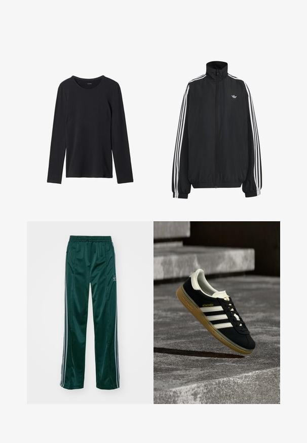 Veste de survêtement Adidas noire avec trois bandes blanches le long des manches, fermeture éclair frontale complète, poignets élastiques et petit logo trèfle sur la poitrine.; T-shirt noir à manches longues en tissu doux, avec un col rond, un design simple et sans motifs ni embellissements visibles.; Pantalons de sport vert foncé en matériau brillant, avec des bandes latérales gris clair et un logo brodé sur la jambe gauche.; Baskets noires Adidas München avec des rayures blanches et une semelle en gomme, flottant au-dessus de marches en béton texturé.