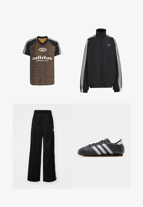 Sort Adidas træningsjakke med hvide tre striber langs ærmerne, fuld lynlås foran, elastiske manchetter og lille trefoil-logo på brystet.; adidas Originals LEO PRINT SATIN - T-shirts print - multicolor bronze strata; Sorte brede træningsbukser med elastisk talje, prydet med hvide side-striber og et lille logo på venstre hofte. Glat stofstruktur.; Sorte lædersportssko med hvide striber, rund tå, flad sål og snørelukning. Har perforeringer for åndbarhed.