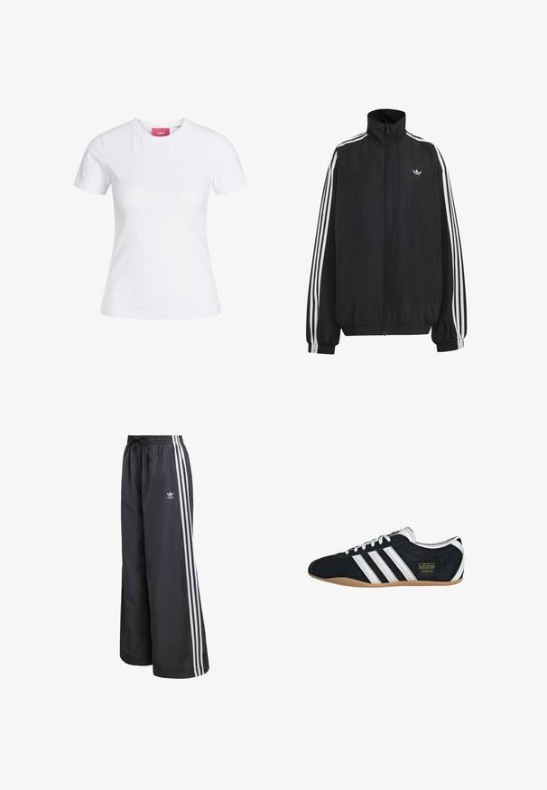 Sort Adidas træningsjakke med hvide tre striber langs ærmerne, fuld lynlås foran, elastiske manchetter og lille trefoil-logo på brystet.; Hvid slimfit t-shirt med korte ærmer og rund halsudskæring med en lyserød JJXX-label indeni kraven, vist mod en ensfarvet baggrund.; Sorte atletikbukser lavet af letvægtsmateriale, med tre hvide lodrette striber og en elastisk talje med snøre.; Sort ruskinds sneaker med hvide tre striber, guldlogo og en brun gummisål. Har et lavprofil snørebåndsdesign.