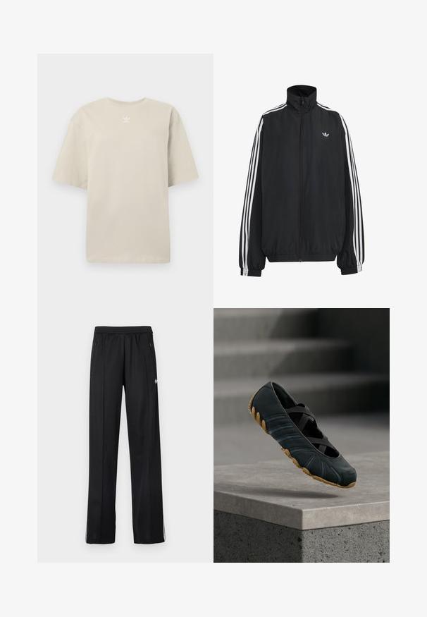 Μαύρο αθλητικό μπουφάν Adidas με λευκές τρεις ρίγες κατά μήκος των μανικιών, πλήρες φερμουάρ μπροστά, ελαστικά μανσέτες και μικρό λογότυπο trefoil στο στήθος.; Μπεζ κοντομάνικη μπλούζα από βαμβάκι, με στρογγυλή λαιμόκοψη και μικρό λευκό λογότυπο Adidas τυπωμένο στο στήθος. Μαλακή υφή, άνετη εφαρμογή.; Μαύρο αθλητικό παντελόνι με ελαστική μέση, τσέπες με φερμουάρ στο πλάι, λευκές ρίγες στα κάτω μέρη των ποδιών και μικρό λευκό λογότυπο στο πλάι.; Μαύρο παπούτσι slip-on με σταυρωτούς ελαστικούς ιμάντες και υφή ταμπά σόλα, αιωρείται πάνω από μια τσιμεντένια άκρη με θολές σκάλες στο φόντο.